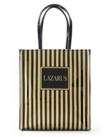 Gobble up this tidbit: executives of Lazarus Department Store successfully lobbied President Franklin Roosevelt to move Thanksgiving to the fourth Thursday in November to gain more shopping days before Christmas. This striped lunch tote proudly displays the store logo and makes a great gift for anyone who knew and loved the Ohio landmark. Gobble up this tidbit: executives of Lazarus Department Store successfully lobbied President Franklin Roosevelt to move Thanksgiving to the fourth Thursday in November to gain more shopping days before Christmas. This striped lunch tote proudly displays the store logo and makes a great gift for anyone who knew and loved the Ohio landmark.