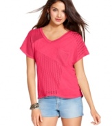 Jolt mixes things up with a pullover top that boasts a mishmash of fishnet and open-knit design! Layer it over a cami for cute day style -- or a bikini top for an effortless beach look!