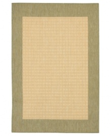 Step outside the box and create a cozy backyard retreat with this all-weather area rug, suitable for indoor and outdoor use. Full-framed with a natural-green border and beige ground, thin stripes crisscross to create an textured grid pattern, adding an unexpected touch of warmth to stone entryways, patio decks and outdoor gathering areas. Pet friendly and resistant to mold and mildew. Step outside the box and create a cozy backyard retreat with this all-weather area rug, suitable for indoor and outdoor use. Full-framed with a natural-green border and beige ground, thin stripes crisscross to create an textured grid pattern, adding an unexpected touch of warmth to stone entryways, patio decks and outdoor gathering areas. Pet friendly and resistant to mold and mildew.