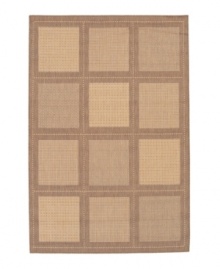 Like a patchwork quilt, 12 squares sit on the surface of this beautiful all-weather rug, each containing one of three distinctive textures. Suitable for use both indoors and out, this piece brings a touch of warmth to stone entryways, patio decks and all other outdoor gathering areas. Perfectly complimenting its surroundings, this rug is textured and gently colored with natural earth tones and shades of cocoa. Pet friendly and resistant to all mold and mildew. One-year limited warranty. Like a patchwork quilt, 12 squares sit on the surface of this beautiful all-weather rug, each containing one of three distinctive textures. Suitable for use both indoors and out, this piece brings a touch of warmth to stone entryways, patio decks and all other outdoor gathering areas. Perfectly complimenting its surroundings, this rug is textured and gently colored with natural earth tones and shades of cocoa. Pet friendly and resistant to all mold and mildew. One-year limited warranty.