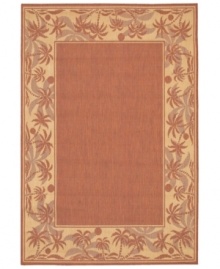 Create your own island retreat with this terra-cotta area rug, bordered in calming images of sand and palm trees. Great for patios, decks or vacation homes, the Recife rug can go almost anywhere! Power-loomed of Couristan's durable polypropylene blend, this soft piece is pet-friendly and resistant to mold and mildew. Create your own island retreat with this terra-cotta area rug, bordered in calming images of sand and palm trees. Great for patios, decks or vacation homes, the Recife rug can go almost anywhere! Power-loomed of Couristan's durable polypropylene blend, this soft piece is pet-friendly and resistant to mold and mildew.