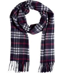 Wrap yourself up in classic style with this luxe cashmere check scarf from Burberry London - Easy to style length, allover classic check print, fringed edges - Style with slim trousers, a cashmere pullover, a sleek trench, and ankle boots