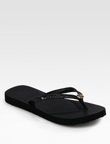 Whether on the beach or running errands, this seasonal essential has glittery straps for a distinctive look. PVC upper with glitter-coated trimRubber lining and solePadded insoleImportedThis style runs true to size. We recommend ordering your usual size for a standard fit. 