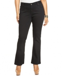 A sleek black wash finishes Lucky Brand Jeans' plus size boot cut jeans-- look slim and sensational this season! A sleek black wash finishes Lucky Brand Jeans' plus size boot cut jeans-- look slim and sensational this season!