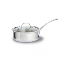 This Tri-Ply Calphalon sauce pan features an updated lid design to give lower profile and a cool V stainless steel handle. Classic vessel design, induction capable magnetic stainless steel exterior.