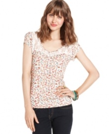 Bring on the adorable style with this short sleeve top from American Rag! A lace inset at the chest makes this floral-print cutie extra femme. Bring on the adorable style with this short sleeve top from American Rag! A lace inset at the chest makes this floral-print cutie extra femme.