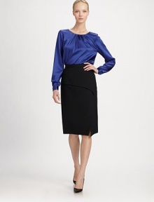 The sleek pencil silhouette in ultra-soft wool has been updated with pleats and draping at the waist for a sophisticated fit.Self waistbandHook-and-eye closureCap sleevesConcealed side zipperFront pleatBack drapeSide ventAbout 27 from natural waist99% virgin wool/1% silkDry cleanMade in Italy Model shown is 5'11 wearing US size 4. The sleek pencil silhouette in ultra-soft wool has been updated with pleats and draping at the waist for a sophisticated fit.Self waistbandHook-and-eye closureCap sleevesConcealed side zipperFront pleatBack drapeSide ventAbout 27 from natural waist99% virgin wool/1% silkDry cleanMade in Italy Model shown is 5'11 wearing US size 4.