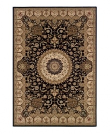 Centuries of sophistication have gone into the design of this exquisite rug, based on traditional Persian designs hundreds of years in the making. An intricate curvilinear pattern features a breathtaking center medallion surrounded by lattices of vines and blossoms set in a deep, rich palette. Meticulously styled, the use of ultra-fine yarn allows for superb detail, crisp design and a soft hand. One-year limited warranty. Centuries of sophistication have gone into the design of this exquisite rug, based on traditional Persian designs hundreds of years in the making. An intricate curvilinear pattern features a breathtaking center medallion surrounded by lattices of vines and blossoms set in a deep, rich palette. Meticulously styled, the use of ultra-fine yarn allows for superb detail, crisp design and a soft hand. One-year limited warranty.