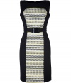 A vibrant zigzag print and a flattering figure-hugging fit inform this ultra-chic wool shift from Milly - Bateau neckline, sleeveless, zigzag printed middle panel with contrasting black side panels, belted waist, back slit, exposed back zip closure - Fitted silhouette - Pair with a cashmere cardigan and classic pumps