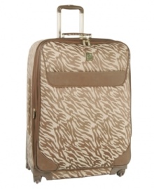 A trip on the wild side. An exotically styled exterior is perfectly paired with a vibrant red logo-printed interior, which spares no detail with valet straps, a removable toiletry pouch and multiple organizational pockets. Discover the simplicity of an easy-glide spinner and a mobility that follows every move you make. 10-year warranty.