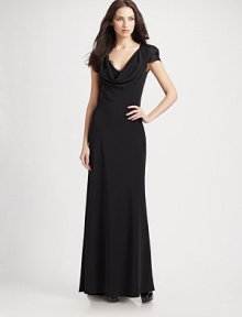 One of evening's most elegant designs with soft, draping cowlneck and delicate eyelash lace trim.Short sleeves Empire waist Back button-and-loop closure Fully lined About 47 from natural waist 75% triacetate/25% polyester Dry clean Made in USA of imported fabricOUR FIT MODEL RECOMMENDS ordering true size. One of evening's most elegant designs with soft, draping cowlneck and delicate eyelash lace trim.Short sleeves Empire waist Back button-and-loop closure Fully lined About 47 from natural waist 75% triacetate/25% polyester Dry clean Made in USA of imported fabricOUR FIT MODEL RECOMMENDS ordering true size.