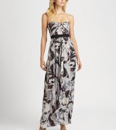 This strapless silhouette is printed with a bold abstract pattern, and shot through with metallic thread.Strapless sweetheart necklineGathered bodiceBanded waistConcealed back zipAbout 45 from natural waistSilk/viscose/metallic fiberDry cleanImportedModel shown is 5'10 (177cm) wearing US size 4. 