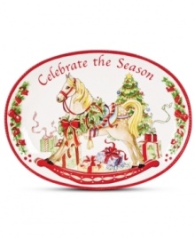 Something for under the tree and topping your table, the Celebrate the Season tray from Fitz and Floyd features an elegant scene beside the tree and sculpted red trim. Something for under the tree and topping your table, the Celebrate the Season tray from Fitz and Floyd features an elegant scene beside the tree and sculpted red trim.