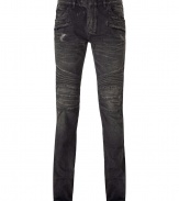 Luxury jeans of vintage-inspired distressed grey cotton - Designed by Parisian cult label Balmain - Five-pocket style with slim legs, moto-style knee seams and tab zip closure - Casual and edgy look - Pair with tee shirt and leather jacket, or with a cashmere pullover and favorite boots