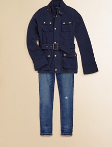 A safari-inspired design rendered in classic cotton fleece, this snap-front jacket boasts multiple flap pockets, a stand collar and belted waist for added definition.Stand collar with buckle strapLong sleevesZip-front closure with snap flyTwo flap pockets with double snap closuresBelted waist87% cotton/13% polyesterMachine washImported