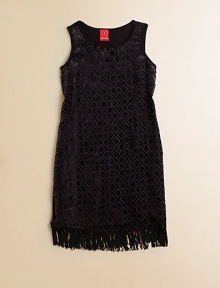 A flapper-inspired sleeveless frock is embellished with a geometric design and fringe hem.JewelneckSleevelessPullover styleFringed hemRayon/SpandexMachine washImported