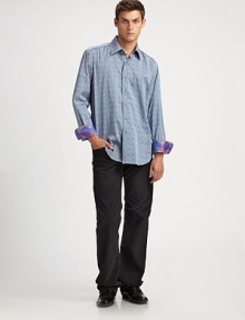 Narrow stripes and a tonal pattern give the classic sportshirt a fresh new look, complete with contrast trim inside the collar, placket and cuffs. ButtonfrontCottonDry cleanImported Narrow stripes and a tonal pattern give the classic sportshirt a fresh new look, complete with contrast trim inside the collar, placket and cuffs. ButtonfrontCottonDry cleanImported