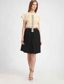 Supple silk, tailored in a boxy silhouette and embellished with a sporty, striped tie panel.Banded jewel necklineBanded cap sleevesAttached front tie panelPanel constructionBack button closureSilkDry cleanMade in Italy of imported fabricModel shown is 5'9 (175cm) wearing US size 4. Supple silk, tailored in a boxy silhouette and embellished with a sporty, striped tie panel.Banded jewel necklineBanded cap sleevesAttached front tie panelPanel constructionBack button closureSilkDry cleanMade in Italy of imported fabricModel shown is 5'9 (175cm) wearing US size 4.