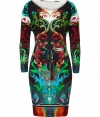 Transition from office chic to evening glam with this belted fitted frock from Roberto Cavalli - Round neck, long sleeves, tie-belt at waist, all-over print, fitted silhouette - Wear with an open front leather jacket and platform heels