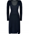 A trend-right take on contemporary knitwear, Jil Sanders textural knit dress counts as one of our office favorites - Soft V-neckline, long sleeves, contrast knit paneling throughout, double front slits, pull-over style - Form-fitting top, full skirt - Wear with sleek carryall totes and heels