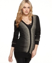 Give your cardi collection a metallic boost with this button down sweater from Silver – a great layer that makes it easy to wear your summer togs through the chilly seasons! Give your cardi collection a metallic boost with this button down sweater from Silver – a great layer that makes it easy to wear your summer togs through the chilly seasons!