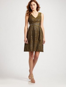 Geometric beads highlight the waist of this scene-stealing V-neck frock tailored in delicate floral brocade.V neckline Sleeveless Beaded waist Side slash pockets Pleated skirt Back zipper with hook-and-eye Fully lined About 37 from shoulder to hem 53% polyester/36% acetate/6% metallic/5% polyacrylic Spot clean Imported Geometric beads highlight the waist of this scene-stealing V-neck frock tailored in delicate floral brocade.V neckline Sleeveless Beaded waist Side slash pockets Pleated skirt Back zipper with hook-and-eye Fully lined About 37 from shoulder to hem 53% polyester/36% acetate/6% metallic/5% polyacrylic Spot clean Imported