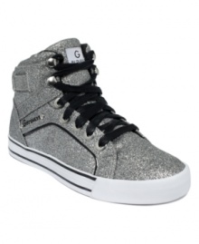 Sporty shimmer never looked so good. G by GUESS' Opall2 Hi Top sneakers feature a glitter upper and contrasting lace-up vamp.