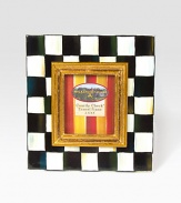 Display your treasured moments in this opulent, hand-painted frame with gilt inner molding.Hand-painted checks on enameled steelGlassAccommodates a 2.5 X 3 photographOverall, 6 X 6.5Linen-covered easel and backImported