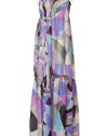 The classic Pucci print gets a romantic redux with this summer-ready maxi dress - Adjustable tie spaghetti straps, shirred bodice, empire waist, flared full skirt with ruffled tier, floor-sweeping length, all-over geometric print - Style with platform sandals and a floppy hat