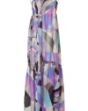 The classic Pucci print gets a romantic redux with this summer-ready maxi dress - Adjustable tie spaghetti straps, shirred bodice, empire waist, flared full skirt with ruffled tier, floor-sweeping length, all-over geometric print - Style with platform sandals and a floppy hat