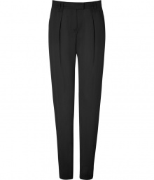 Elegant pant in fine, pure black viscose - Lean silhouette is slightly fuller through thighs and tapers at legs - Flattering and elongating crease detail extends from hip to hem - Medium rise, with tab waist, belt loops and slash pockets at sides - Polished and ultra-versatile, ideal for work and evenings out - Pair with a blazer, silk blouse or sequin top and platform pumps Elegant pant in fine, pure black viscose - Lean silhouette is slightly fuller through thighs and tapers at legs - Flattering and elongating crease detail extends from hip to hem - Medium rise, with tab waist, belt loops and slash pockets at sides - Polished and ultra-versatile, ideal for work and evenings out - Pair with a blazer, silk blouse or sequin top and platform pumps
