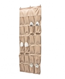 Rethink your room by clearing out valuable floor space and claiming over-the-door space for shoes that cause clutter. Holding up to 24 pairs, this reinforced organizer maximizes storage in small apartments and tight squeezes. Rethink your room by clearing out valuable floor space and claiming over-the-door space for shoes that cause clutter. Holding up to 24 pairs, this reinforced organizer maximizes storage in small apartments and tight squeezes.