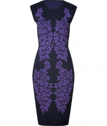 Saunter into new season sophistication in McQ Alexander McQueens superfine leaf knit dress, detailed in darkly glamorous iris and black for that iconic urbane edge - Rounded neckline, cap sleeves, ruched sides - Form-fitting, falls just below the knee - Team with flawless pumps and a statement tote for work, or with strappy sandals and a box clutch for city cocktails