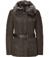 Your cold weather look just got more stylish with this luxe fitted down jacket from Peuterey - Large rabbit fur collar, concealed zipper closure, long sleeves with logo detail, belted waist, slim fit, water repellent - Wear with an elevated jeans-and-tee ensemble or a workweek-chic look