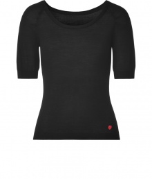 Add coquettish appeal to your casual basics with this flattering wool top from Moschino C&C - Scoop neck, three-quarter sleeves, slim fit, logo detail at hem - Pair with  high-waisted skinnies, a boyfriend blazer, and high heel booties