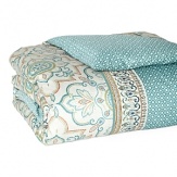 Inspired by artisan block prints, this Sky bedding collection is a burst of pattern, color and rich embroidery in 230-thread count sateen. Duvet features a floral medallion print in marine, teal, olive and rust in the center, framed by a detailed embroidered print and panels of a distressed dot pattern in blue, also on reverse. Shams feature the same floral medallion print and reverse to the distressed dot pattern, with side tie closures.