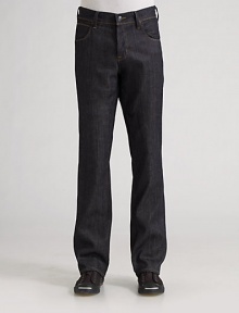 A sleek, dark wash cut straight through the seat and down the legs; ultimate versatility to dress up with a blazer or down with a polo. Five-pocket style Button fly Inseam, about 34 Cotton/elastane; machine wash Made in USA