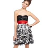 BCX makes choosing a stylish dress black and white (and red, too!). This strapless number features a contrasting, pleated empire waistband and a ruffled skirt thanks to pick-up gathering.