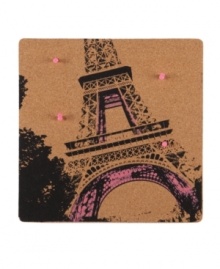 C'est magnifique! No ordinary bulletin board, the Cadoo Cork board helps you get away from it all, with a silk-screened print of the Eiffel Tower and coordinating pink pushpins. From Nexxt by Linea. (Clearance)