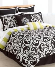 Simply striking, the Kennedy comforter set brings to mind the beauty of architectural details in decidedly modern style. Featuring a chic brown/black background with white accents, this captivating comforter reverses to bold lime and white stripes for a refreshing appeal. (Clearance) Simply striking, the Kennedy comforter set brings to mind the beauty of architectural details in decidedly modern style. Featuring a chic brown/black background with white accents, this captivating comforter reverses to bold lime and white stripes for a refreshing appeal. (Clearance)