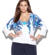 Revive your style for spring with INC's three-quarter sleeve plus size cardigan, featuring an embellished print.