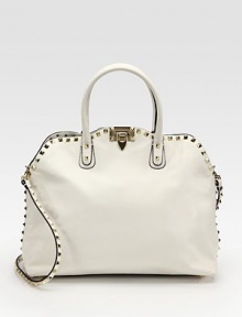 Polished pyramid studs give this sturdy leather satchel a contemporary edge.Double top handles, 4½ dropFlap lock closureProtective metal feetOne inside zip pocketTwo inside open pocketsCotton lining13¼W X 11H X 5½DMade in Italy