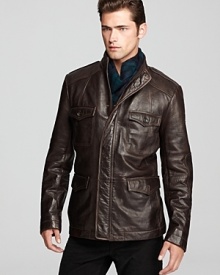 BOSS Orange takes a cue from the world of vintage with this supremely cool leather jacket, detailed with classic attributes like the faux shoulder tabs and elbow patches for rebellious authenticity.