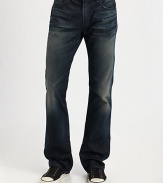 A fresh and modern update to the original Bootcut silhouette, 3D and hand sanded whiskers coupled with minimal griding on the pockets and hems give this wash a cool, masculine feel.Five-pocket styleInseam, about 34CottonMachine washMade in USA