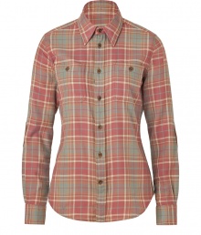 A modern country look comes to a classic button-down shirt - Created in tan and red plaid cotton for easy wear and a comfortable fit - Narrow-waisted silhouette, shirt collar, placket, two breast pockets, long sleeves and rounded seam edges - Features leather elbow patches - Casual hit with jeans, capris or denim mini skirts