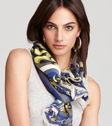 With a beautiful abstract flower print in blues and greens, this Emilio Pucci scarf looks flawless with a denim shirt or pair of skinnies.