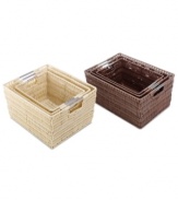Store in style. The rattan-like look of each basket is made of a durable plastic with steel frame and chrome handles for heavy-duty storage that keeps things orderly. Perfect for organizing all over the house, each basket fits into your décor effortlessly.