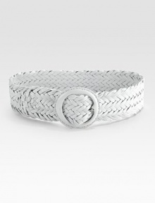 A wide swath of woven nappa leather, finished with a round covered buckle.3 wideNappa leatherMade in Italy