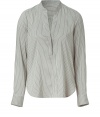 Inject effortless style to your favorite basics with this breezy striped blouse from Vince - Stand collar, V-neck, long sleeves, curved hem, side vent, relaxed silhouette - Pair with skinny jeans, a blazer, and platform sandals