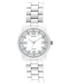 Keep yourself and the planet on track with crisp, timeless style. Eco-friendly Sprout watch crafted from white corn resin bracelet and round case with mineral crystal lens. Genuine mother-of-pearl dial features silvertone numerals at twelve, three, six and nine o'clock, eight diamond accent markers, printed minute track, silvertone hour and minute hands, sweeping second hand and logo. Quartz movement. Limited lifetime warranty.